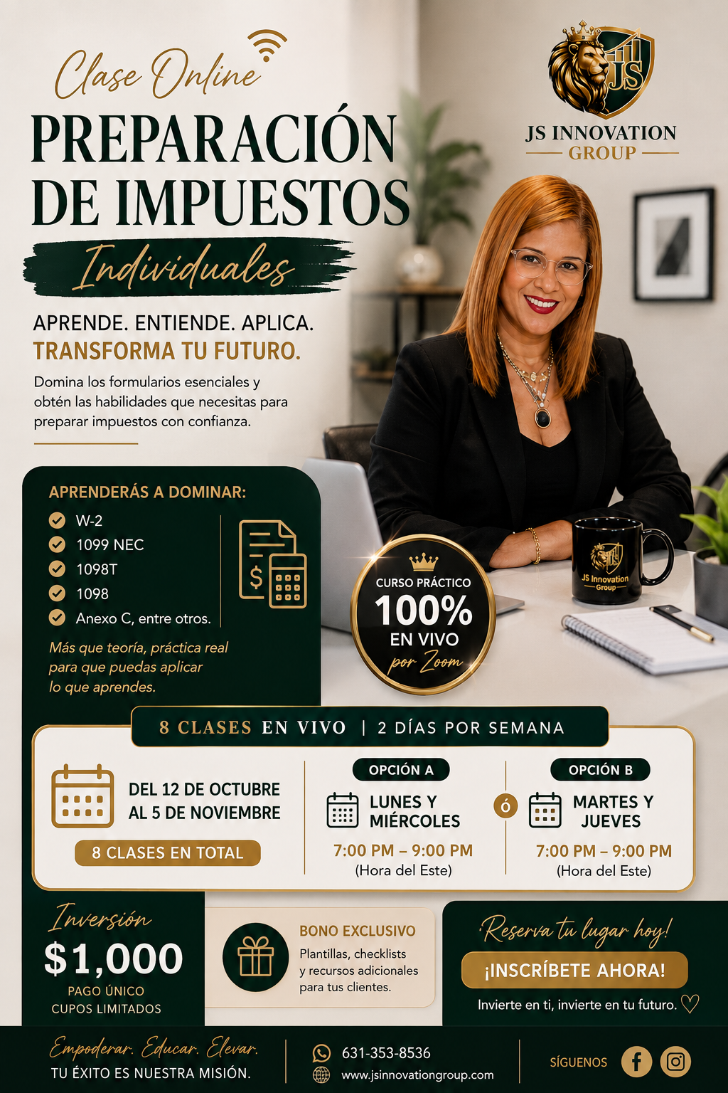 Flyer oficial — Clase en vivo de impuestos, JS Innovation Group